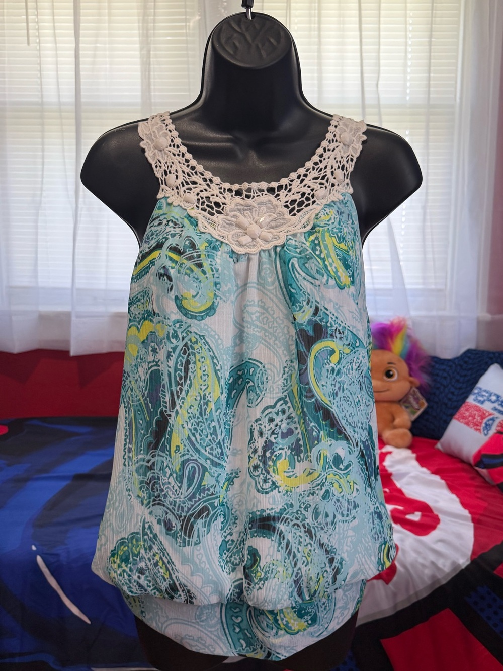 Iz Byer Teal Aqua White Paisley Crochet-Trim Camisole